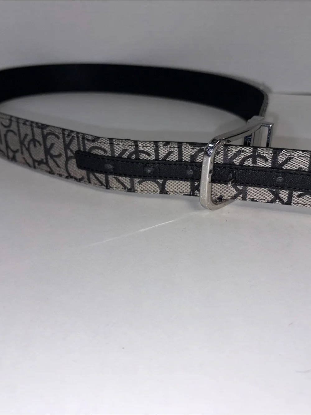 Calvin Klein Black and Gray Monogram Logo Belt Reversible Small